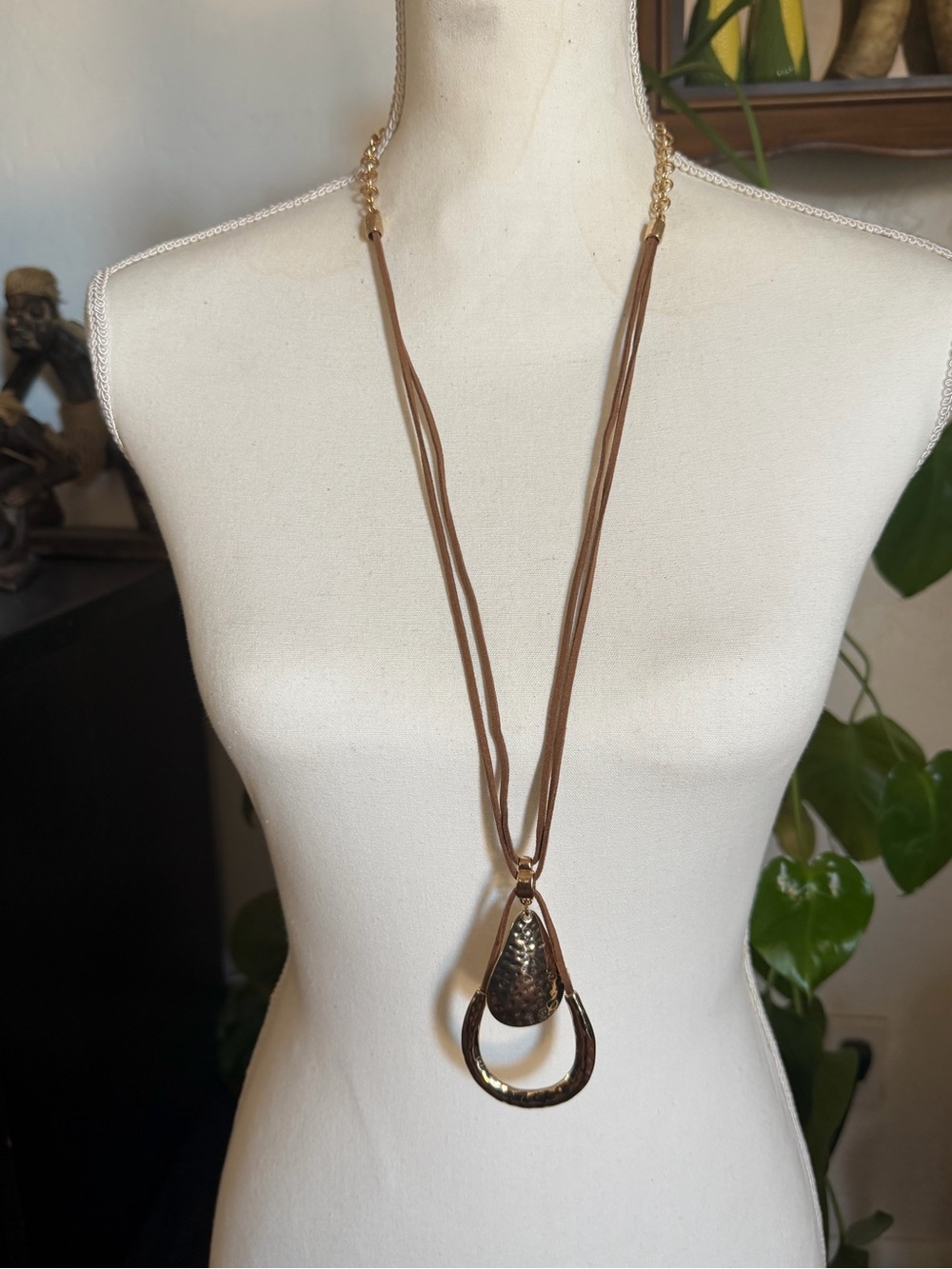 Vintage Cato Gold Hammered Floating Pendant Brown Cord Necklace